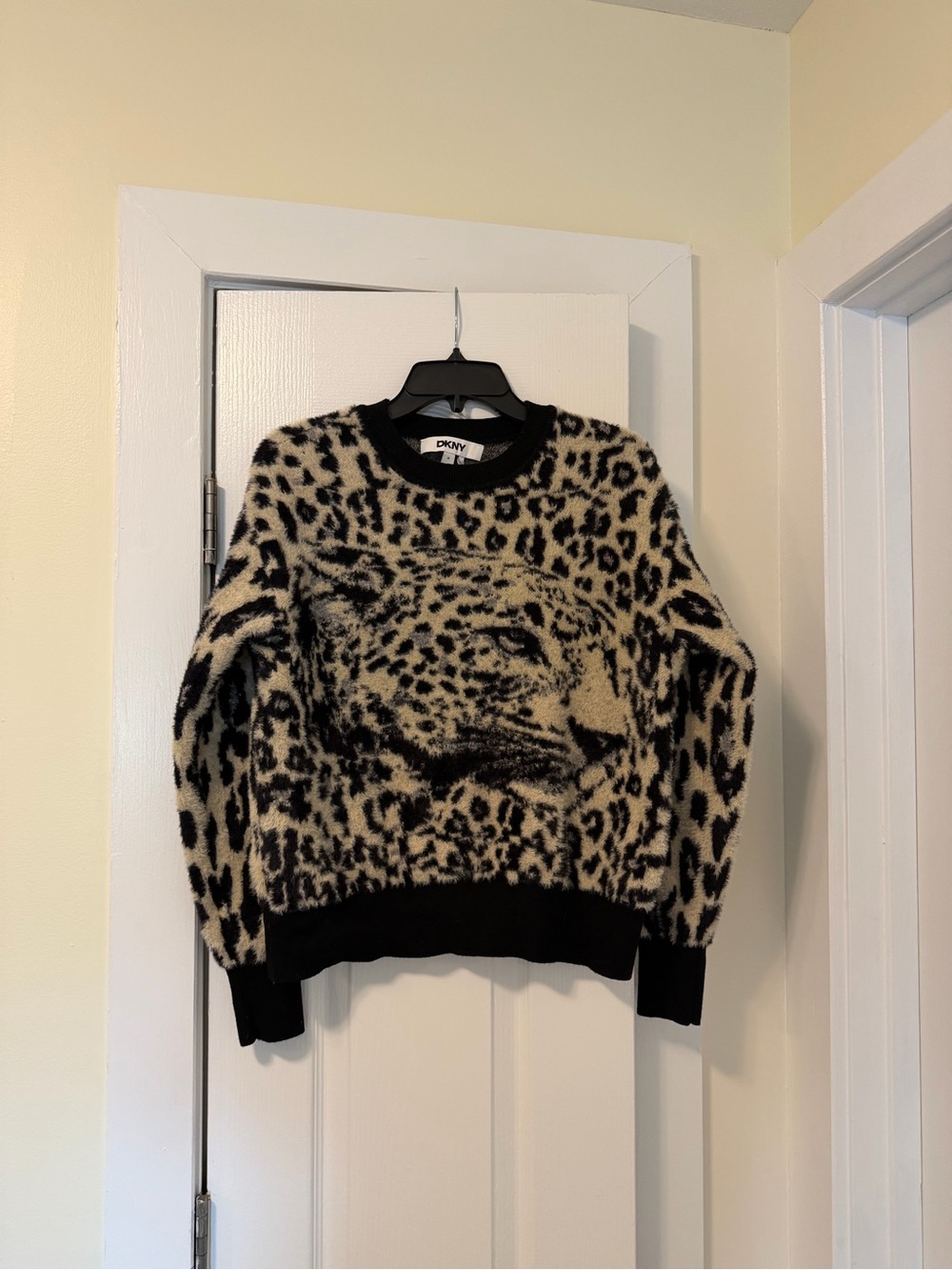 DKNY Cream and Black Leopard Face Crewneck Sweater